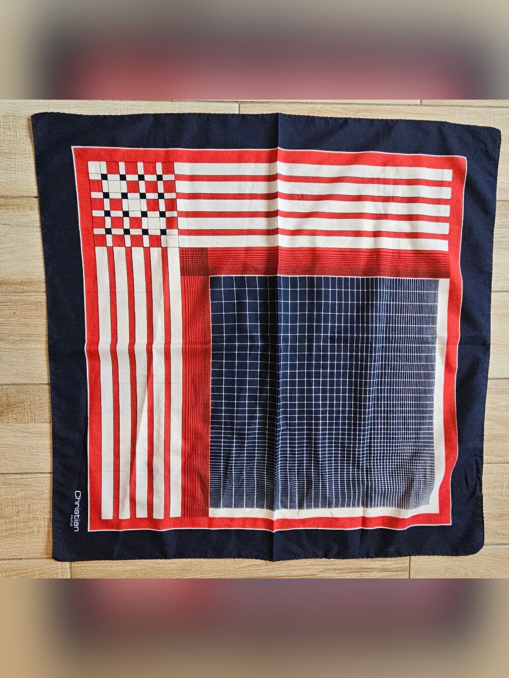 Christian Dior Paris Vintage Silk Scarf Geometric Square Plaid Red Blue White - Picture 1 of 5